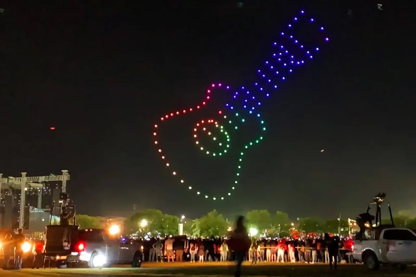 Verge Aero flies a guitar made of light show drones in Leon, Mexico at Festival Internacional del Globo in 2019